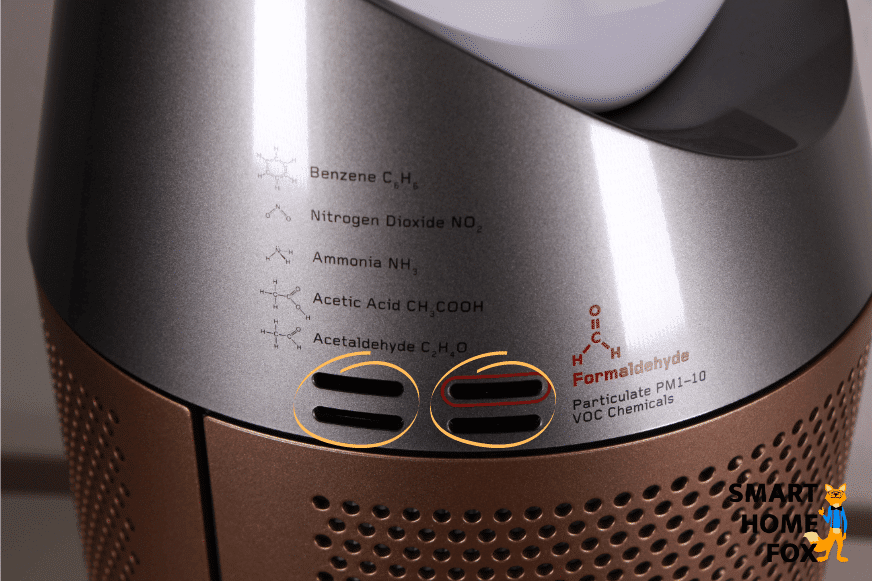 Обведены 4 прорези датчиков воздухоочистителя и башенного вентилятора Dyson Purifier Cool Formaldehyde TP09.